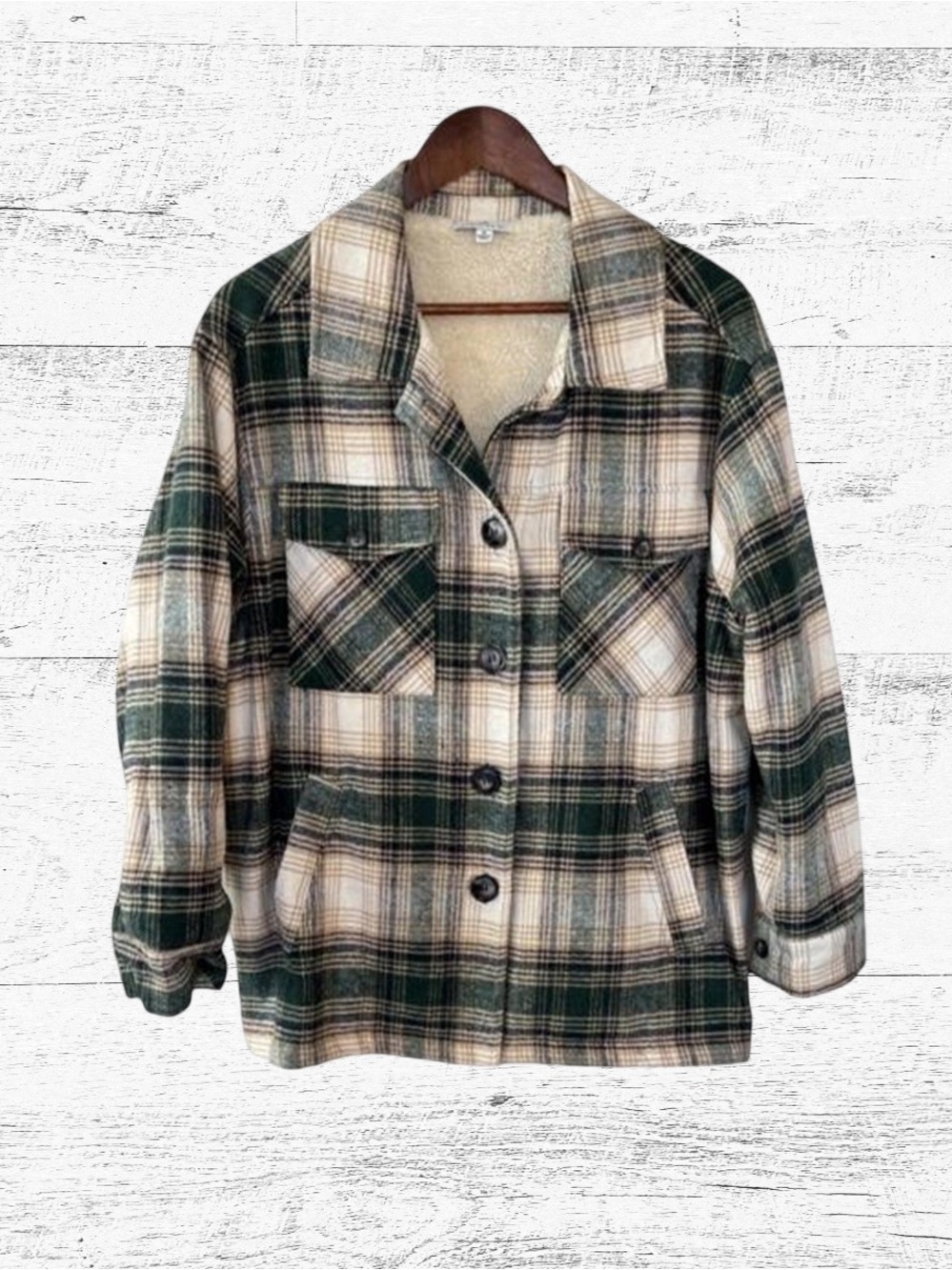 Green and Cream Utility Jacket with Plaid Pattern